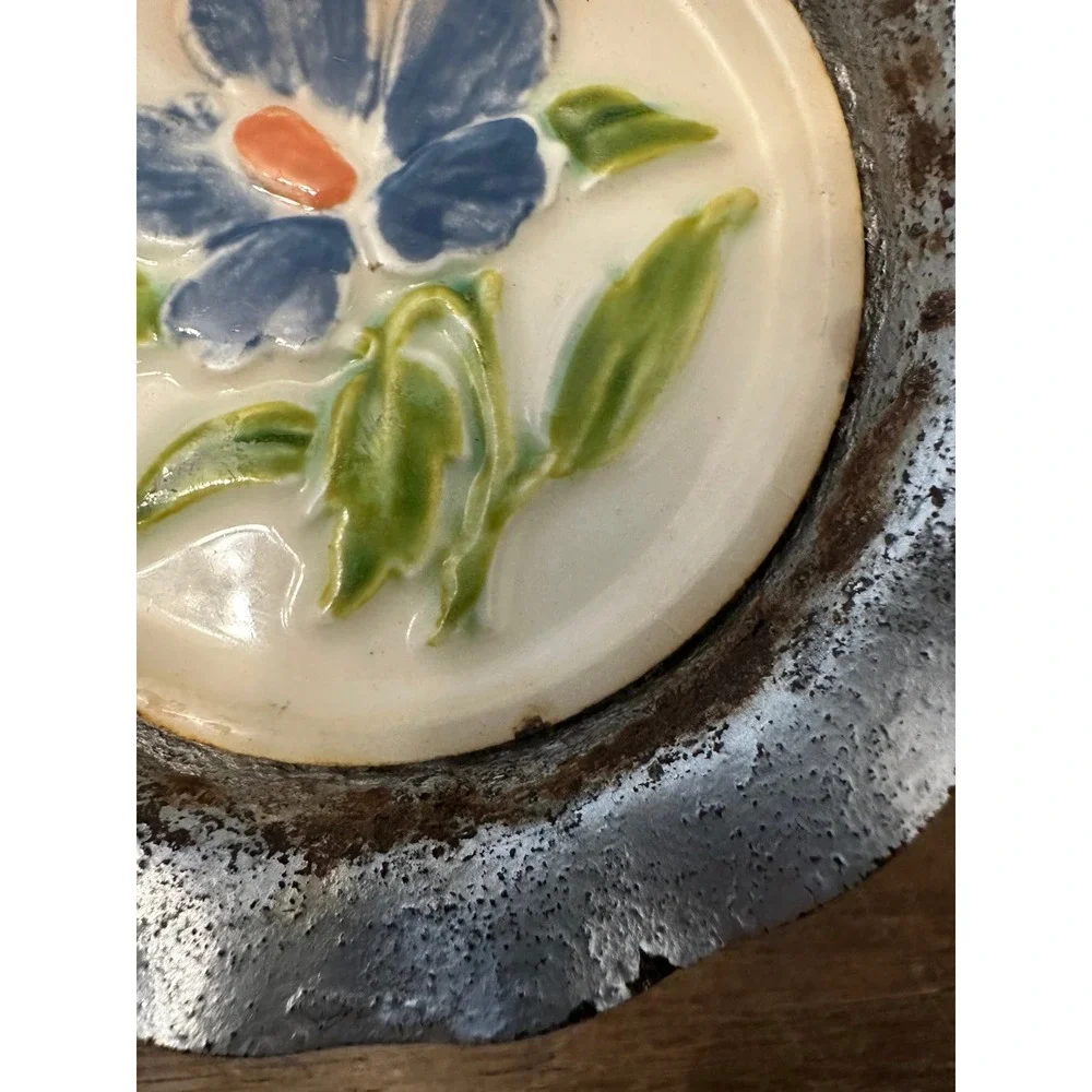 Vintage Hand Painted Ceramic Trinket Dish with fluted metal rim and feet